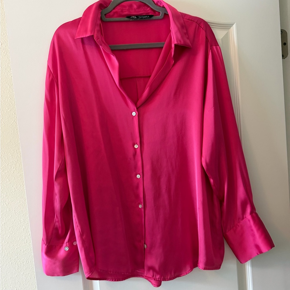 Zara Hot Pink Satin Button-Down Shirt